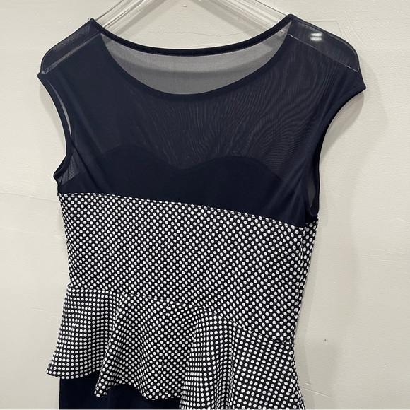 Enfocus Studio Sheer Yoke Polka Dot Peplum Dress Pencil Skirt Size 8 Navy Blue - Picture 5 of 9